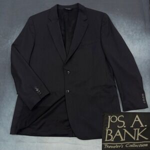 Jos A Bank Travelers Collection Mens 46L Black 100% Wool 2 Button Blazer Jacket